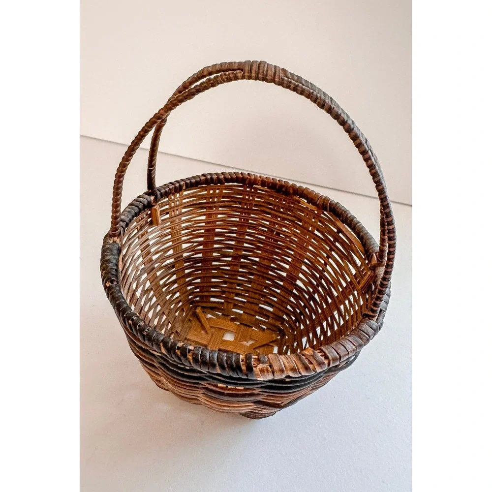Vintage Mini Wicker Basket Handwoven Round Rustic Primitive Gathering Basket